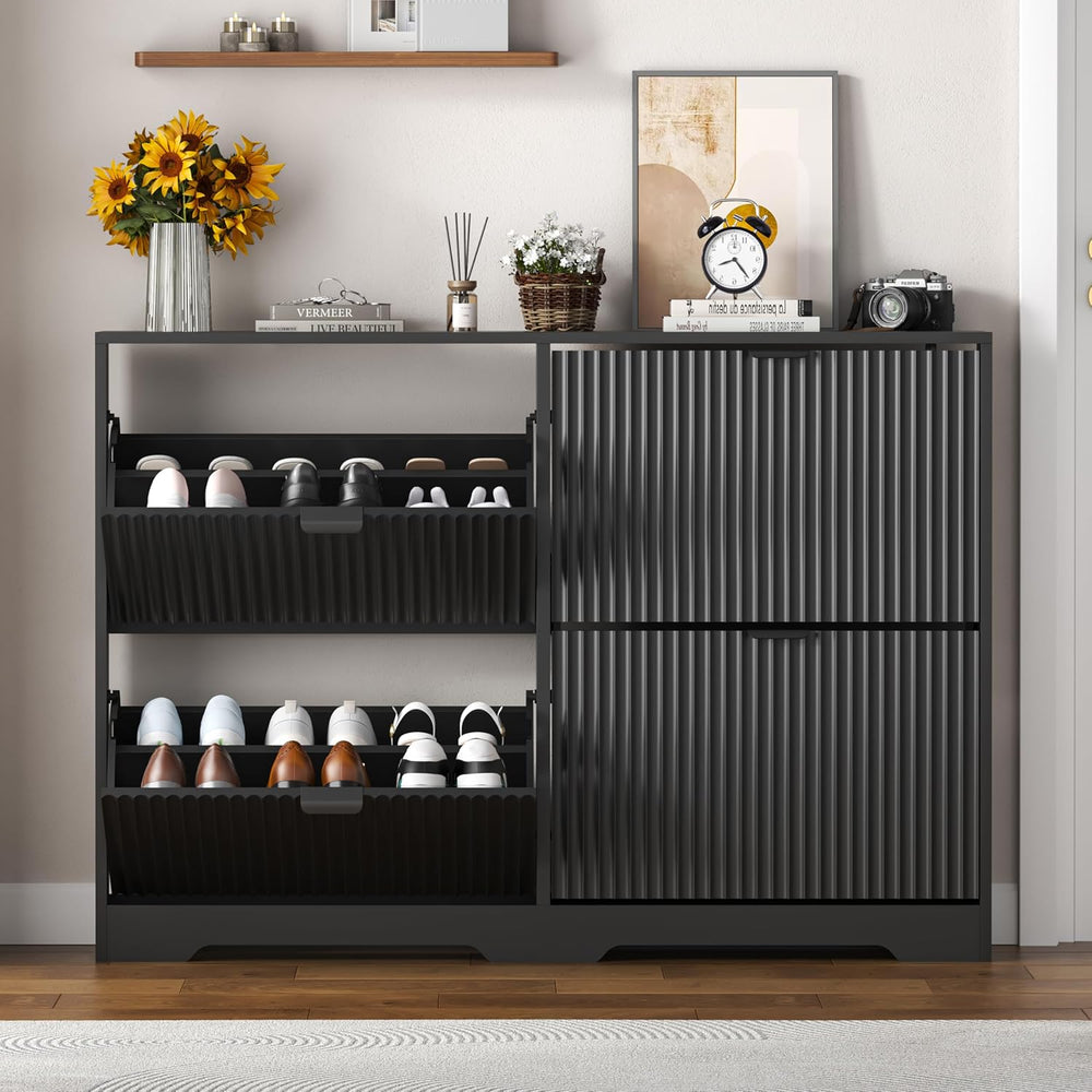 HUANLEGO Shoe Cabinet Storage for Entryway with 4 Flip Drawers, Black Fluted ...