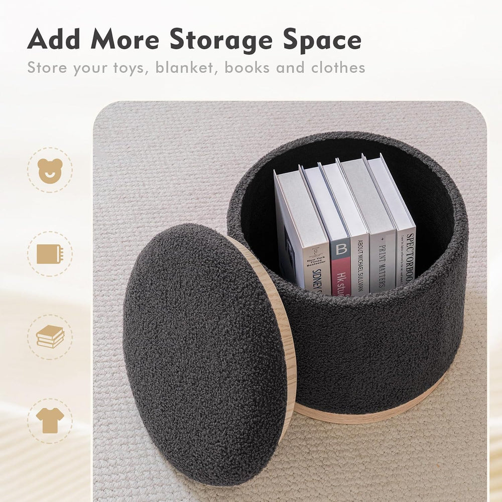 PINPLUS Round Storage Ottoman Set of 2, Dark Grey Boucle Stools with Tray