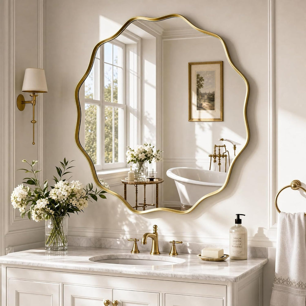 Gold Scalloped Circle Mirror, 30" Wavy Edge Round Wall Mirror