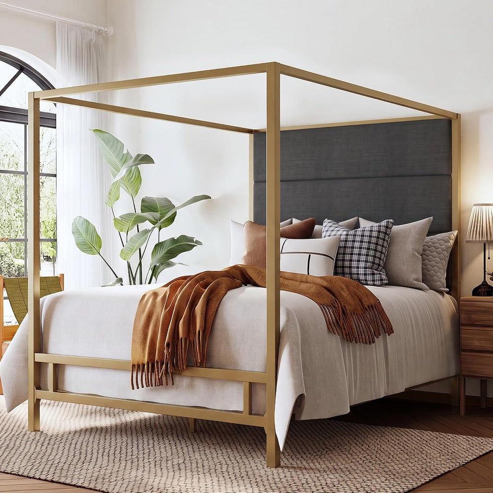 Merax King Canopy Bed Frame with Tall Linen Headboard, Metal 4 Poster Bed