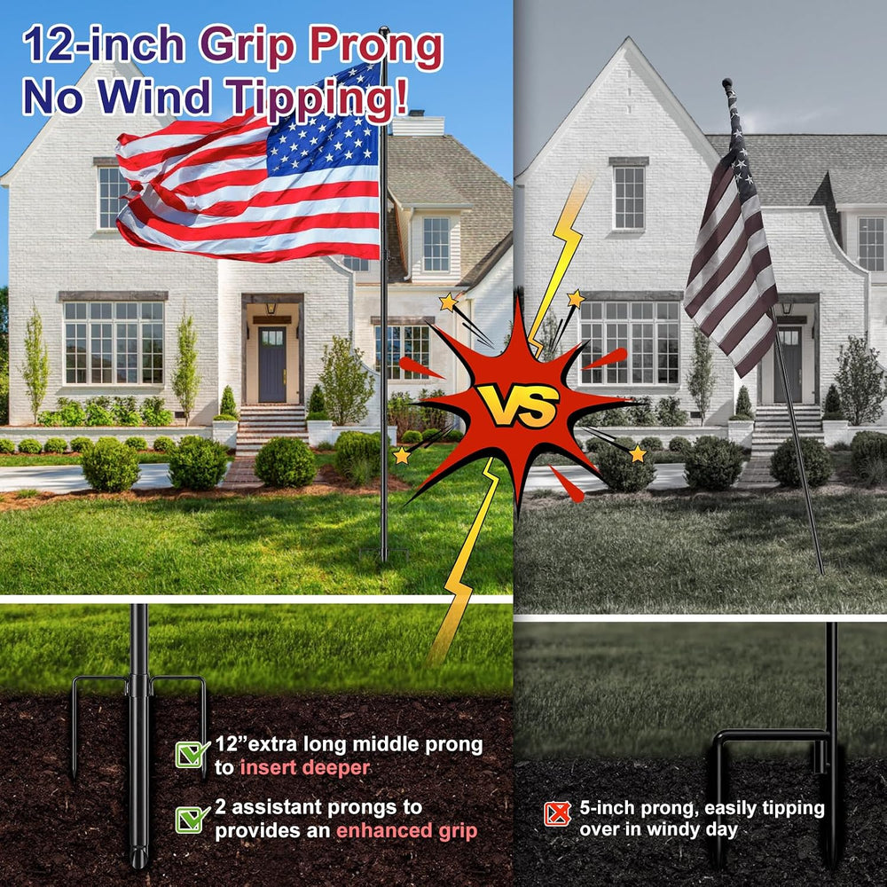 Ground Flag Pole Kit, 9.5 ft Adjustable, Stable 3-Prong Stake, 3x5 US Flag