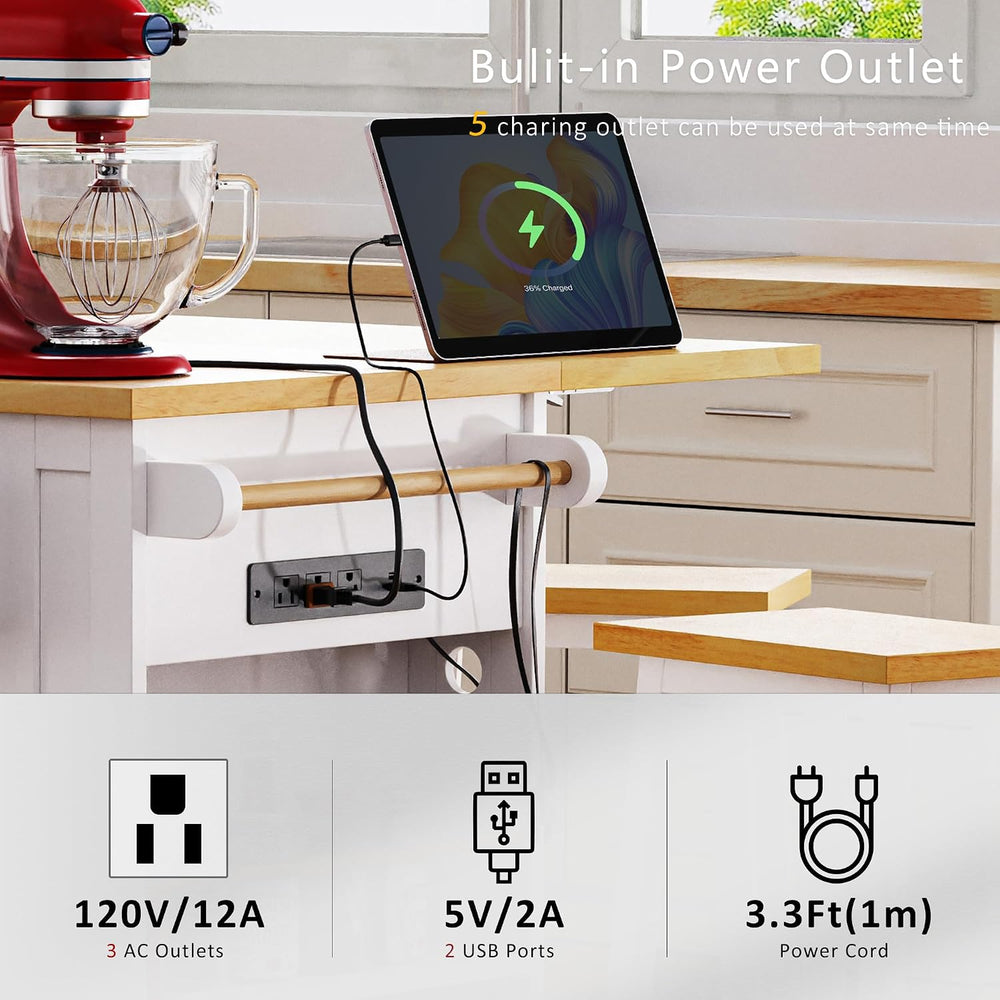 Rolling Kitchen Island with Drop Leaf & Power Outlet, Large Kitchen Islan...