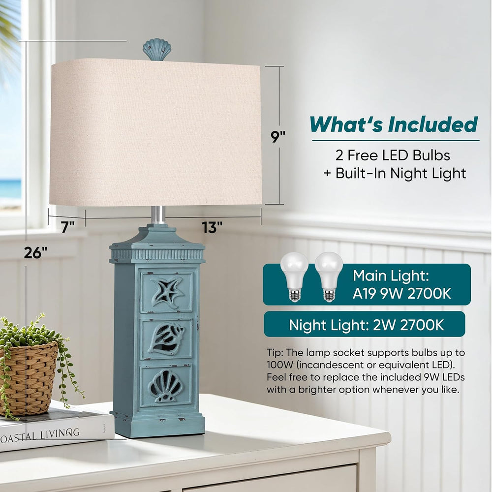 Hamucd Coastal Table Lamps for Living Room Bedroom Set of 2 with Nightlight