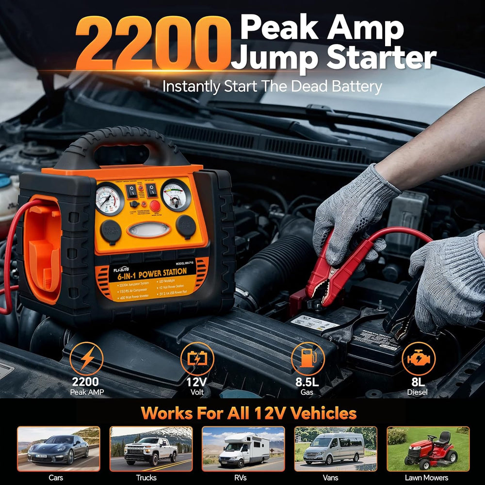Portable Jump Starter with Air Compressor, FlyAuto 2200A Battery Booster for ...