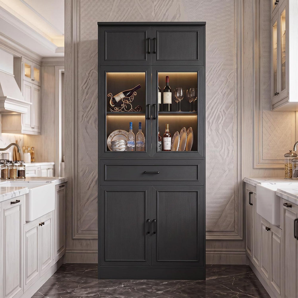Unikito 80" Kitchen Pantry Cabinet with Glass Doors and Drawer Organizer