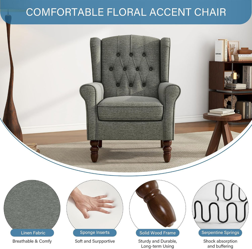 High Back Accent Chairs Set of 2, Wingback Armchair in Fabric, Gray