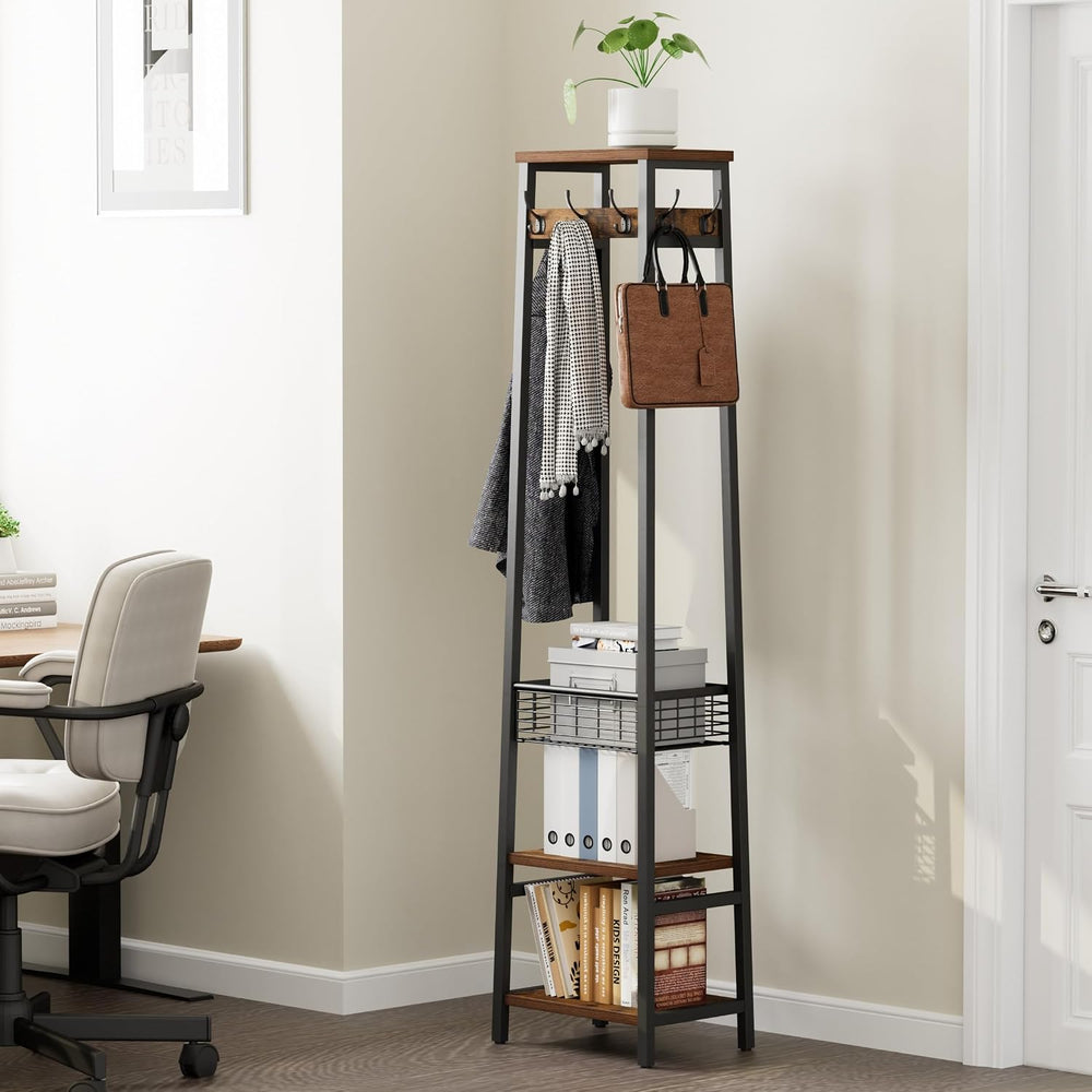 Coat Rack with Metal Basket and Storage Shelves