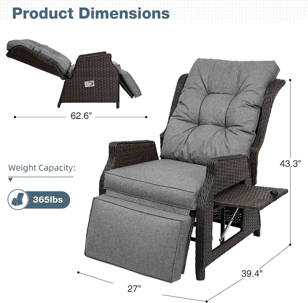 Outdoor Wicker Recliner with Adjustable Back and Footrest,Grey