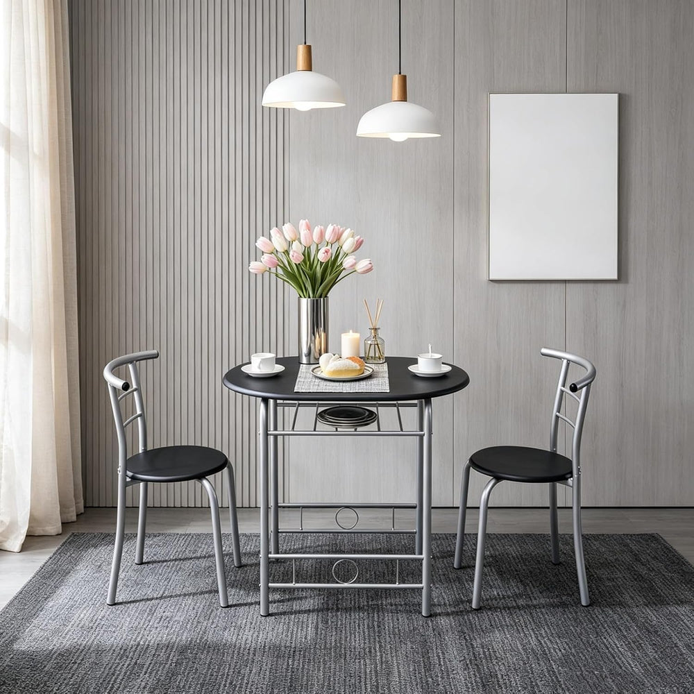 Space-Saving 3-Piece Dining Table Set, Table with 2 Stools, Black