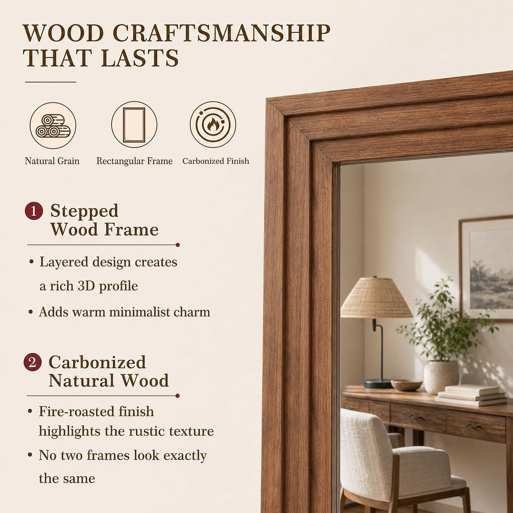 76"x34" Full Length Mirror, Large Wood Floor Mirror, Brown