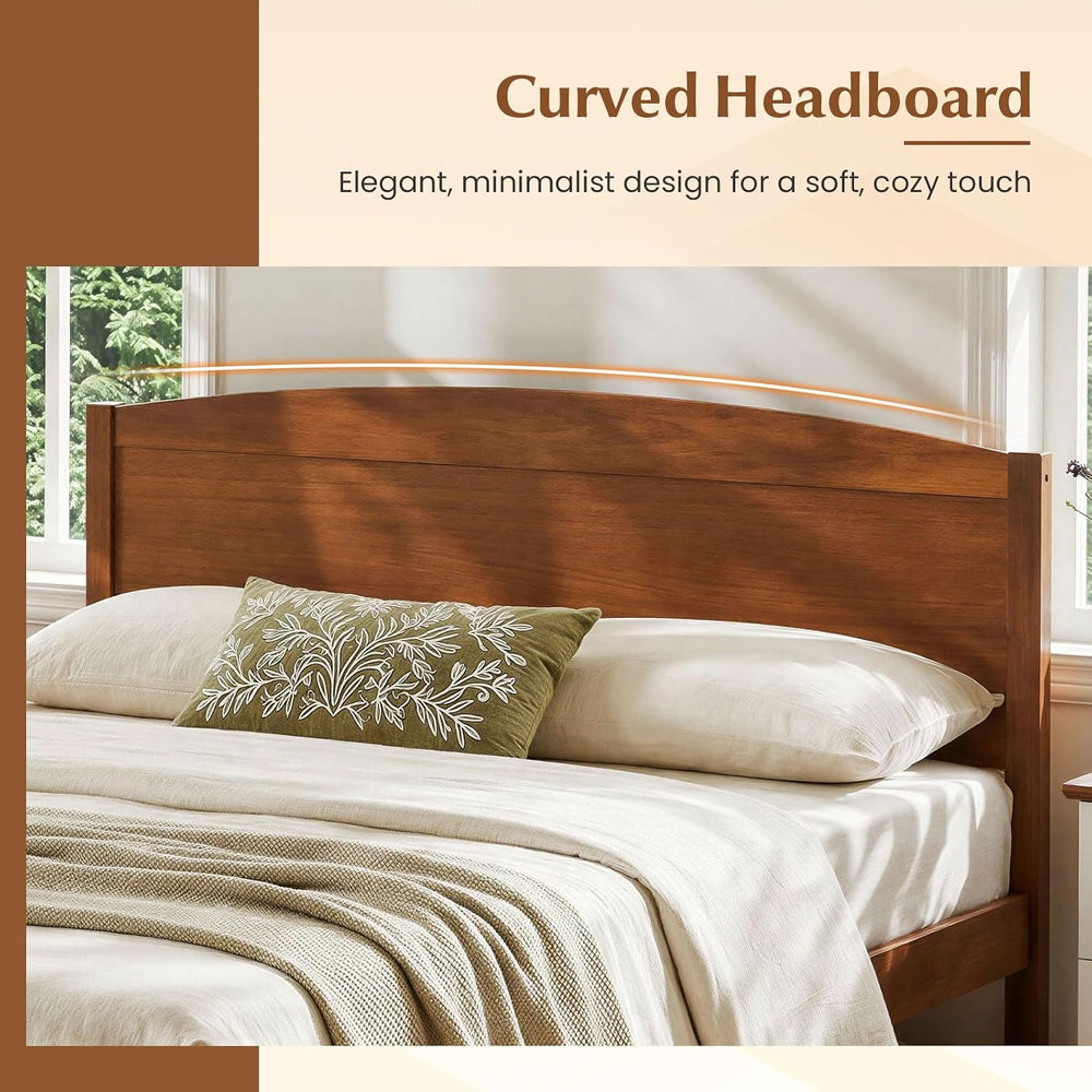 GIANTEX Full Size Wooden Bed Frame with Curved Headboard, Wood Slat Support