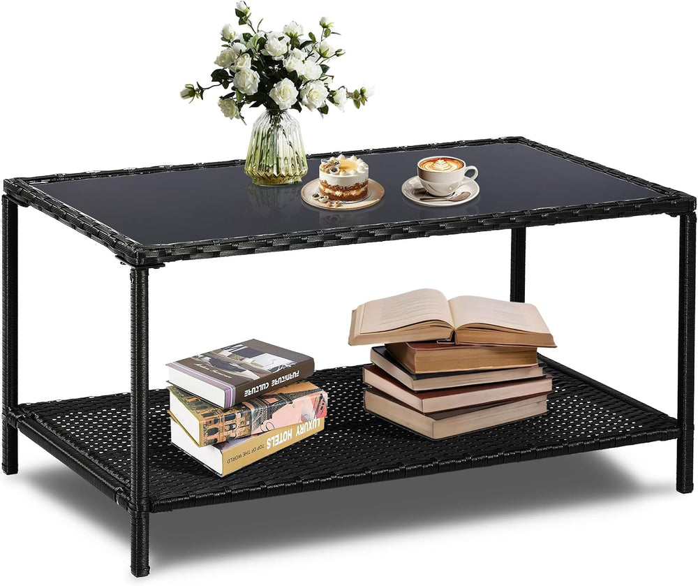 2-Tier All Weather Rattan Wicker Outdoor Coffee Side Table with Glass Top