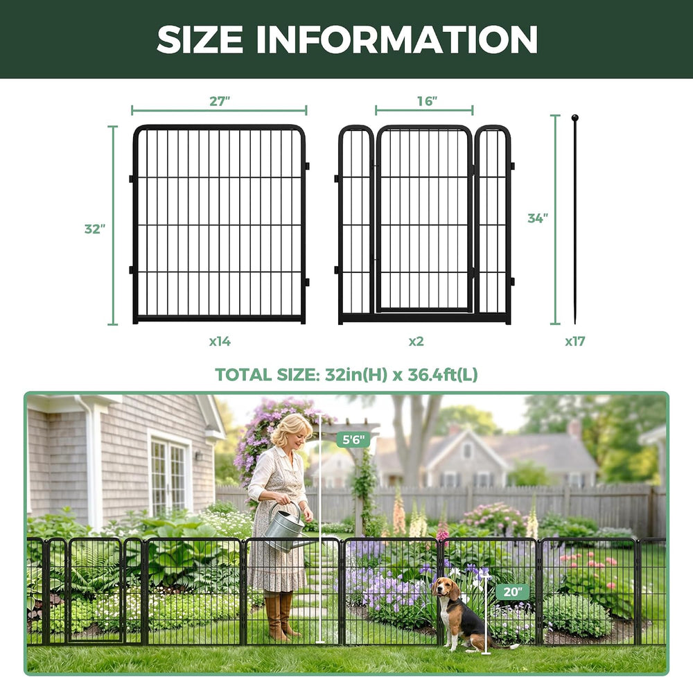 FXW No Dig Garden Fence, Outdoor for Yard, 32in(H) x 36.4ft(L), 16 Panels
