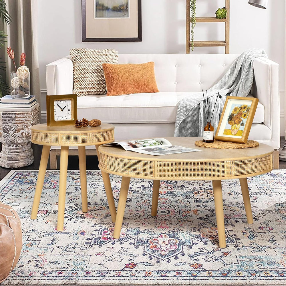 RUSTOWN 2-Piece Farmhouse Coffee Table, Modern Round Rattan Side Tables
