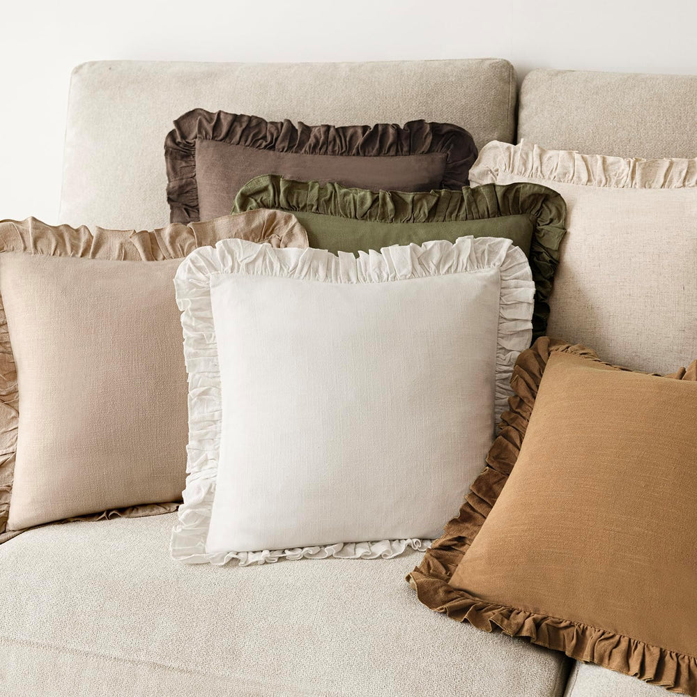 Foindtower Linen Fringe Ruffle Throw Pillow Covers 22×22 Inch Light Brown