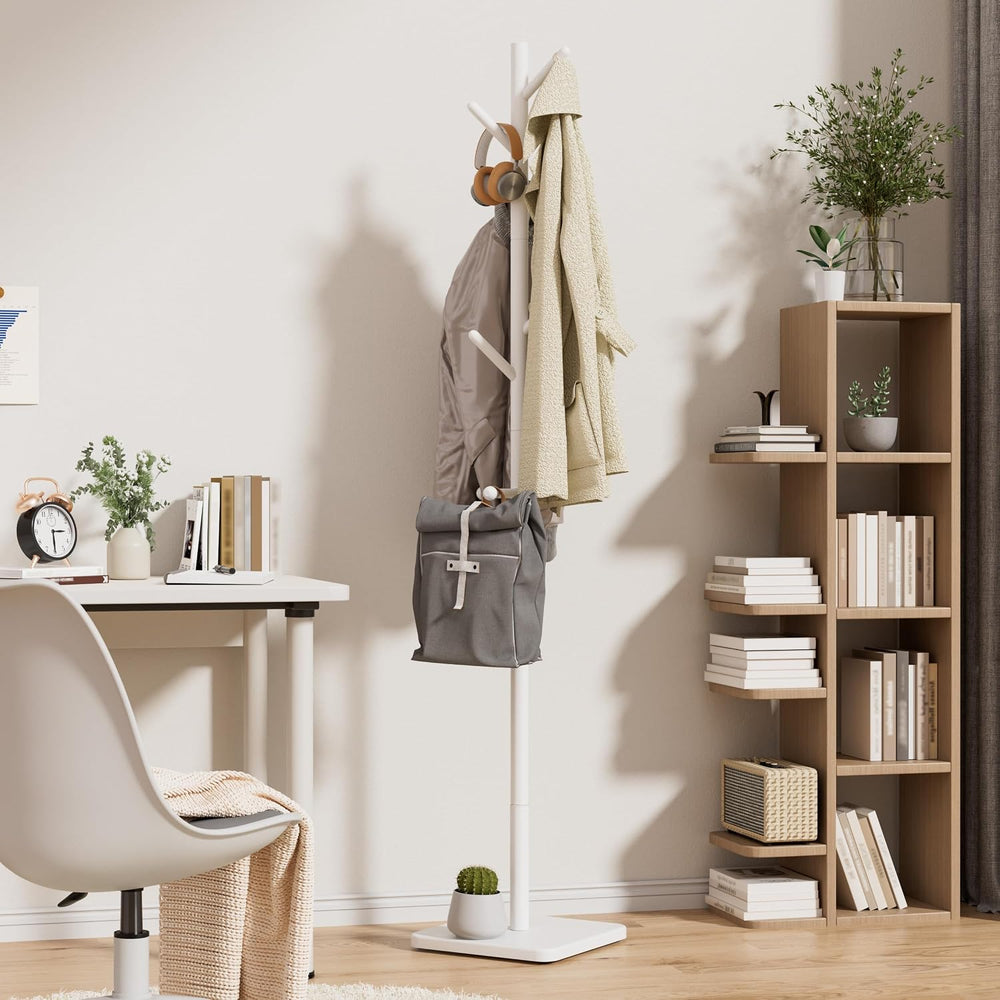 Nianerfaya Solid Wood Coat Rack, Free Standing Hall Coat Tree, White