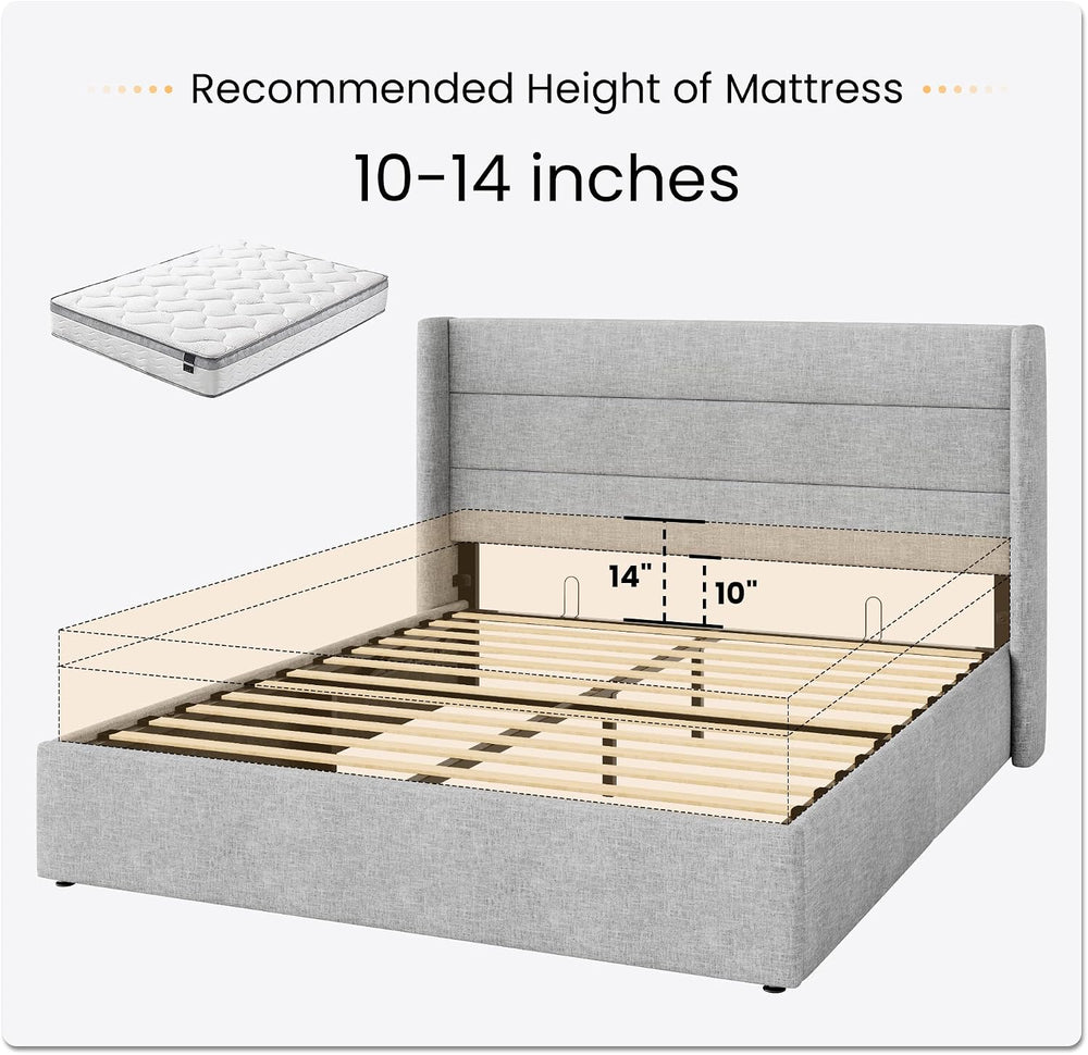 SHA CERLIN Queen Size Lift Up Hydraulic Storage Bed Frame Light Grey