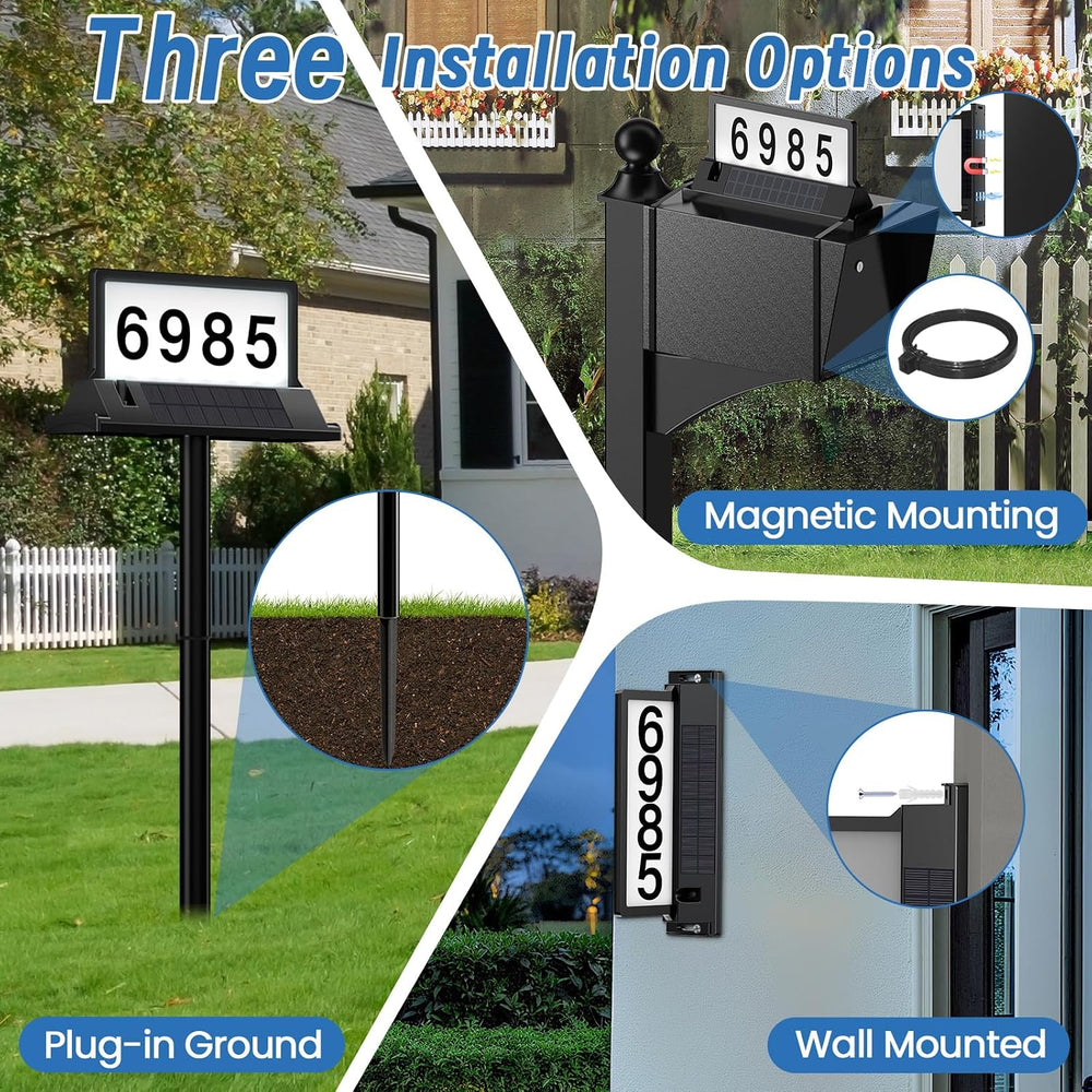 Solar Address Sign for House Numbers with Magnetic Mount & Dual-Sided LEDs