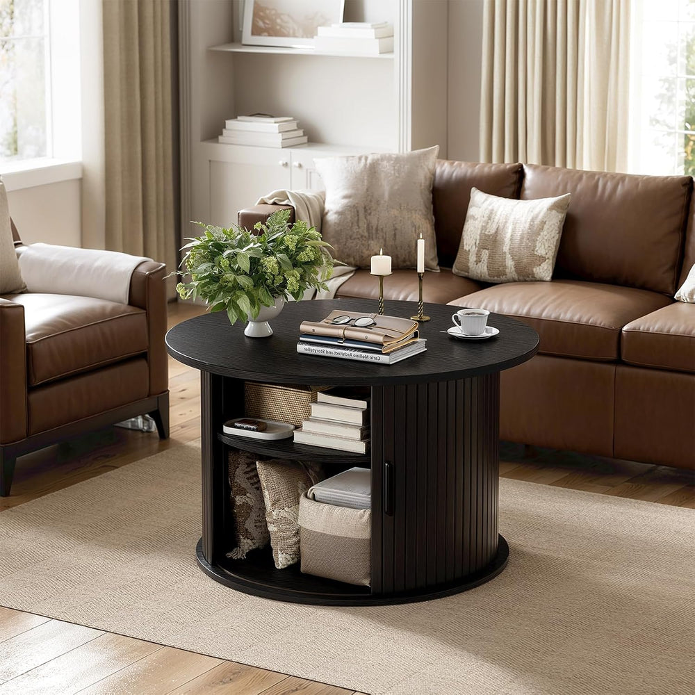 FABATO Round Lift Top Coffee Table Fluted Drum Table Sliding Door, Black