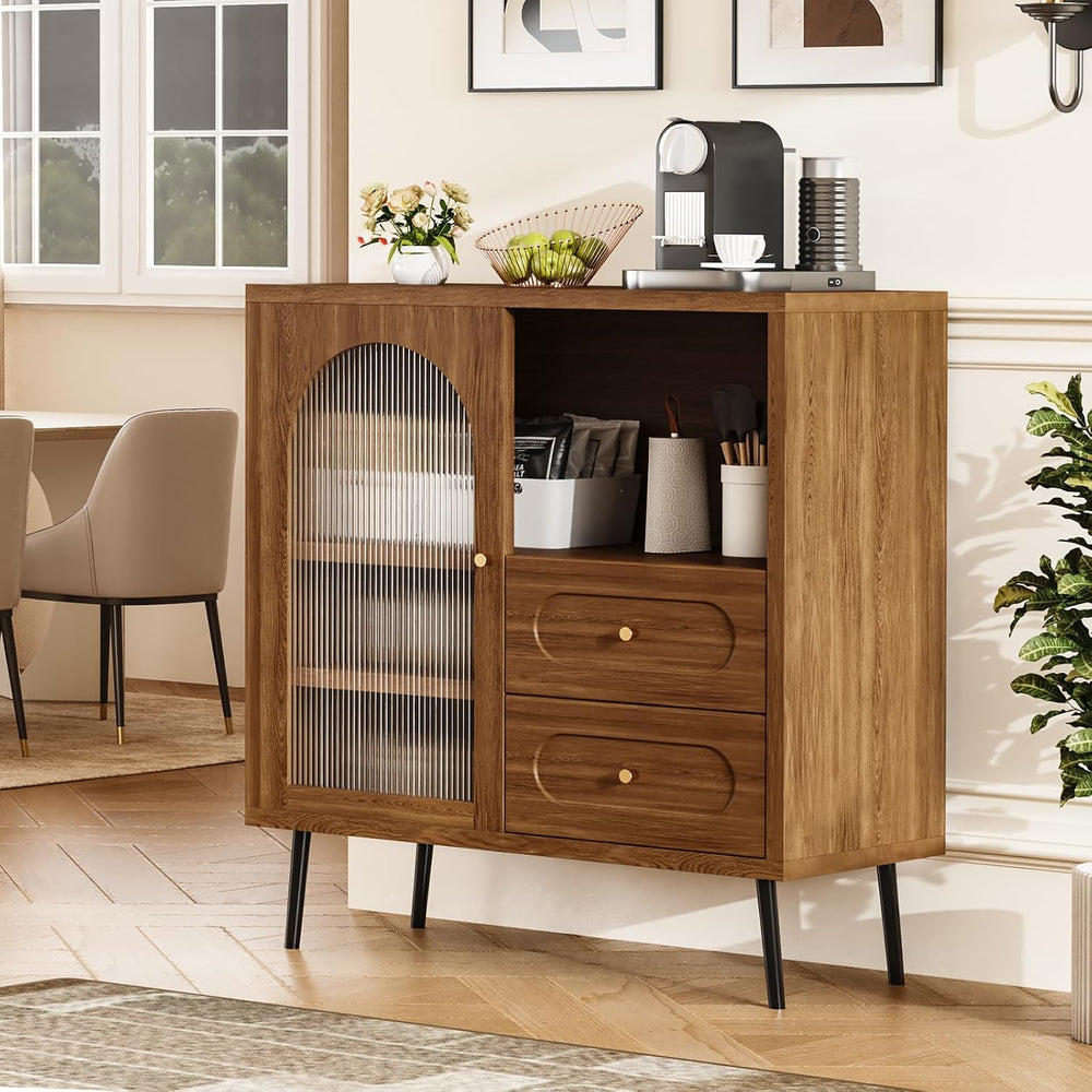 Wood Sideboard Cabinet - Slim Buffet Cabinet with Storage & Drawers