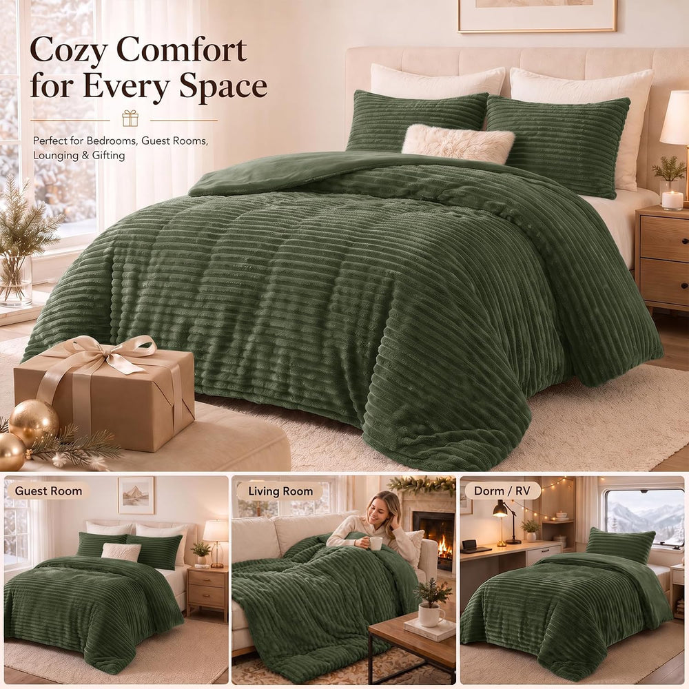 CozyLux Fleece King Size Comforter Set, 3 Piece Warm Olive Green Bedding