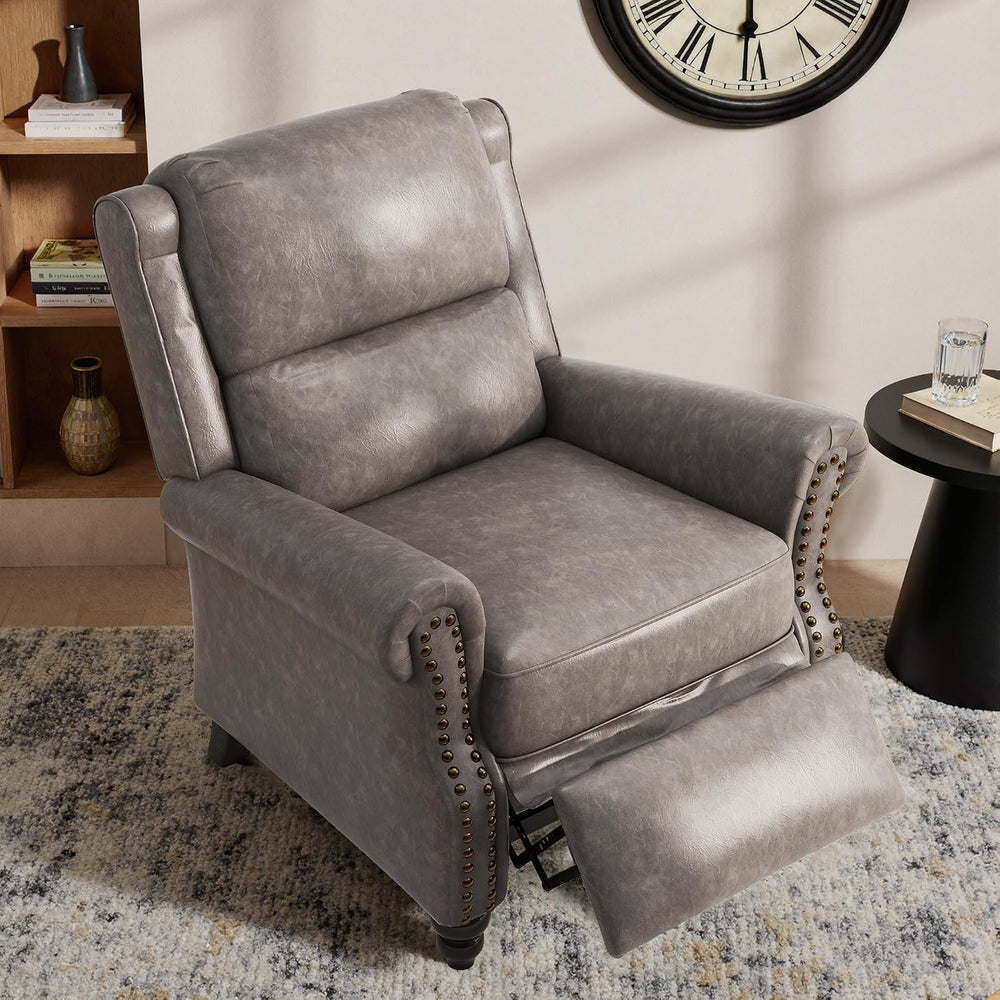 Pushback Recliner Chair, Modern Faux Leather Wingback Recliner, Gray