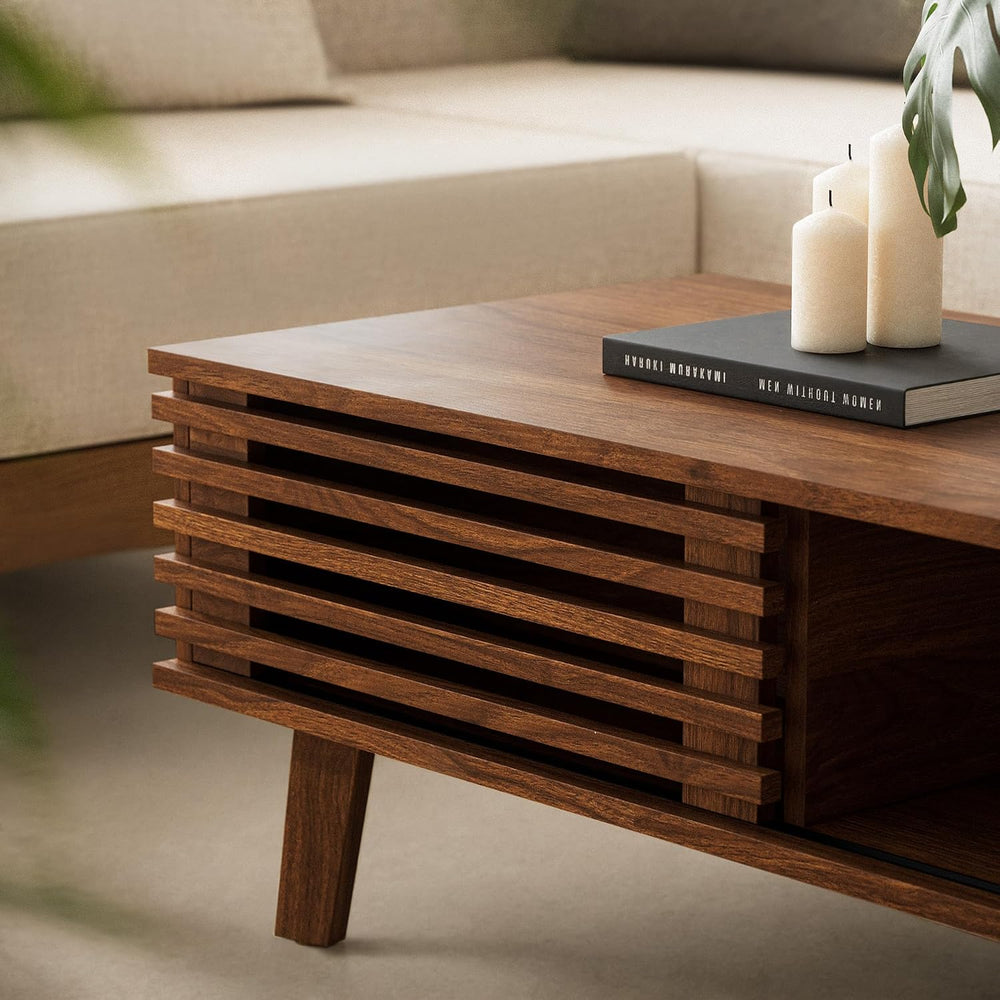 MAISONARIA Mid Century Coffee Table with Storage & Sliding Fence Door, Mo...