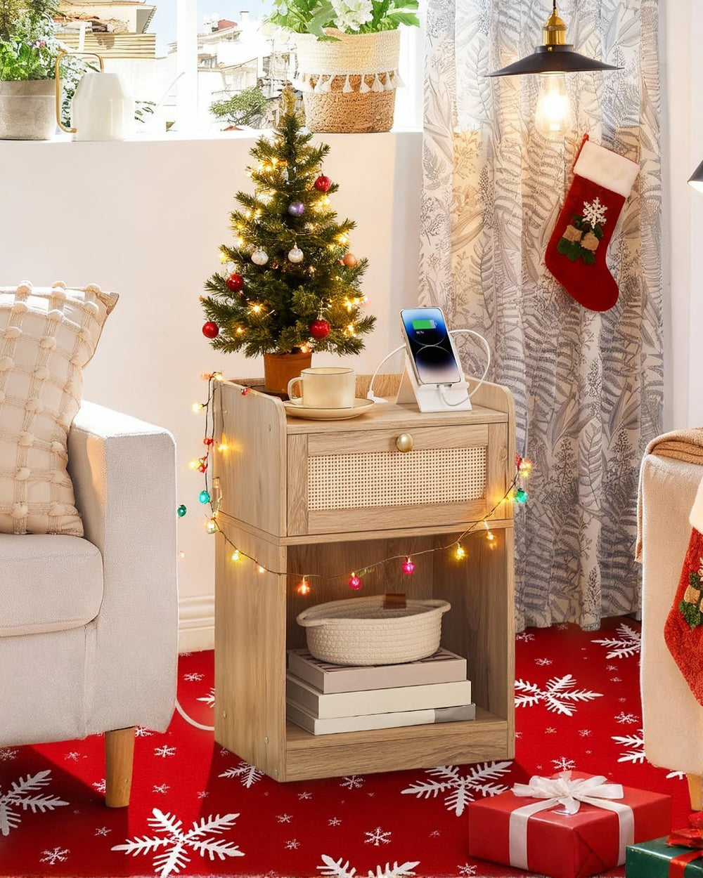 CHOEZON Nightstand with Charging Station, Side Table with Rattan-Style Drawer...
