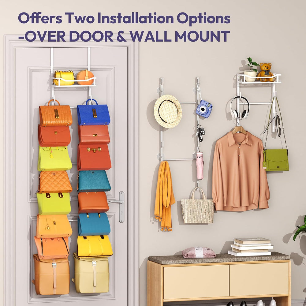 SWTYMIKI Over The Door Purse Organizer - Wall Mounted Purse Rack with 16 Hook...