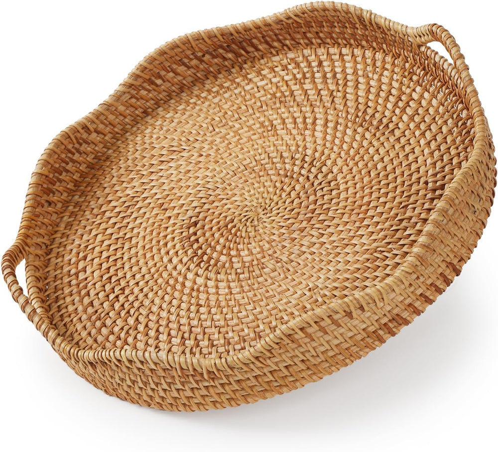 YANGQIHOME Round Scalloped Rattan Tray, Handwoven Decorative Tray
