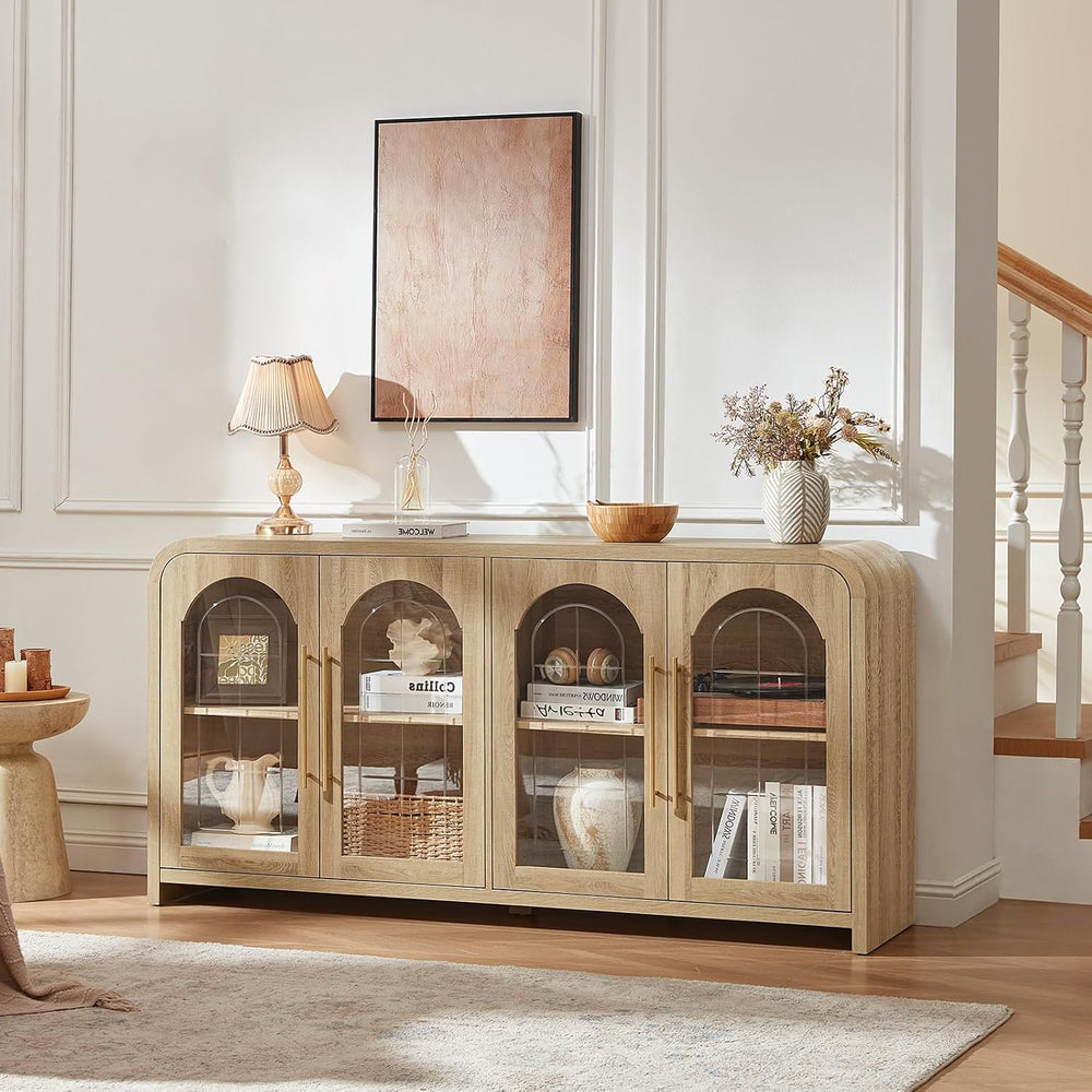 65" Sideboard Buffet Cabinet with Arched Glass Doors, Natural
