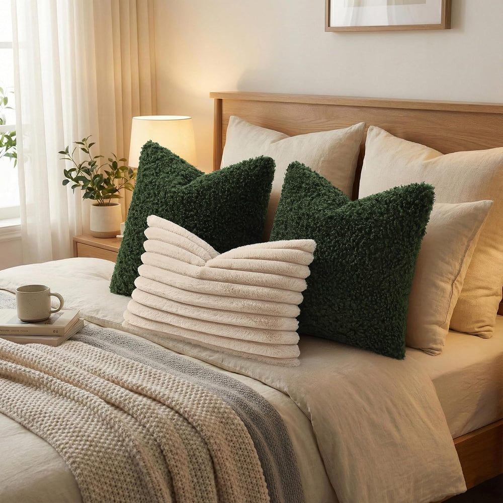 decorUhome Sherpa Decorative Throw Pillow Covers 22x22 Set of 2 Olive Green