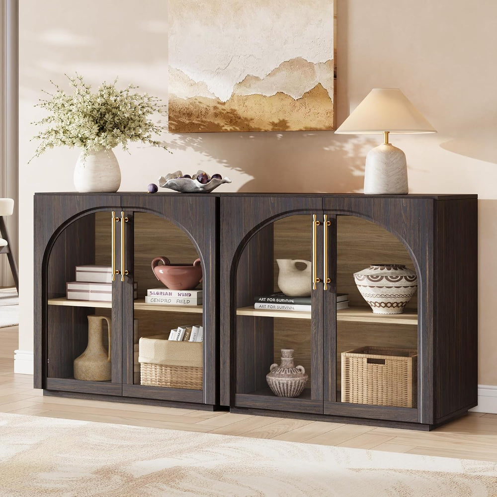 Buffet Cabinet with Glass Doors, 63'' W Arched Display Credenza