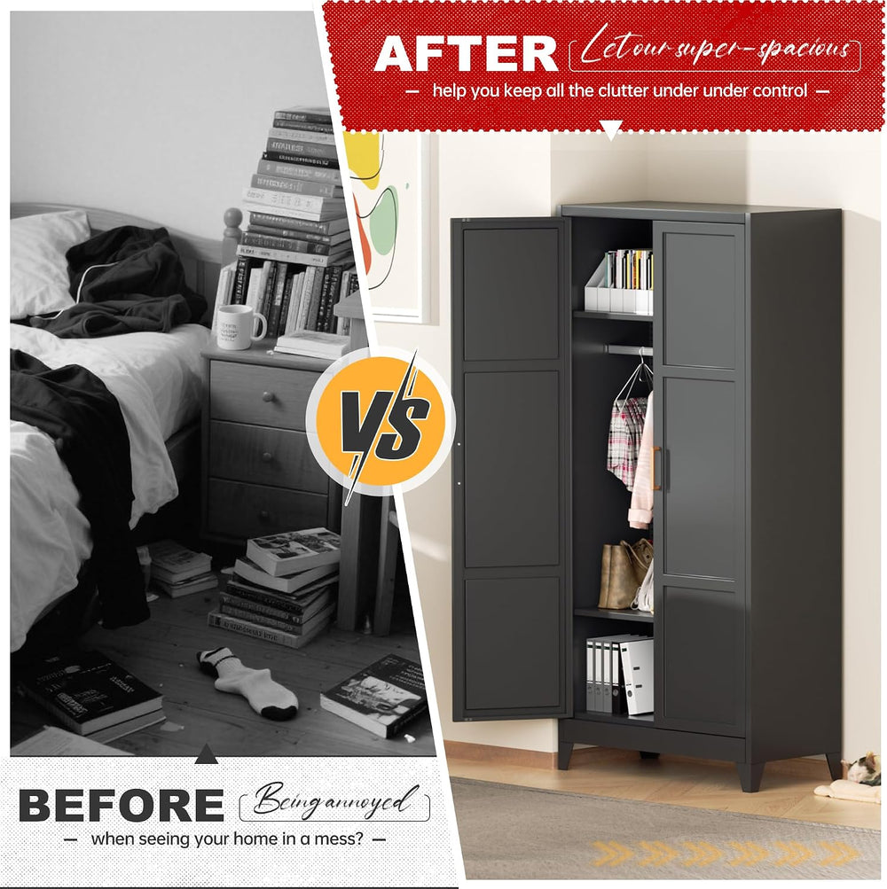 Superday Metal Wardrobe Closet, 72" H Bedroom Armoires with Wooden Handl...