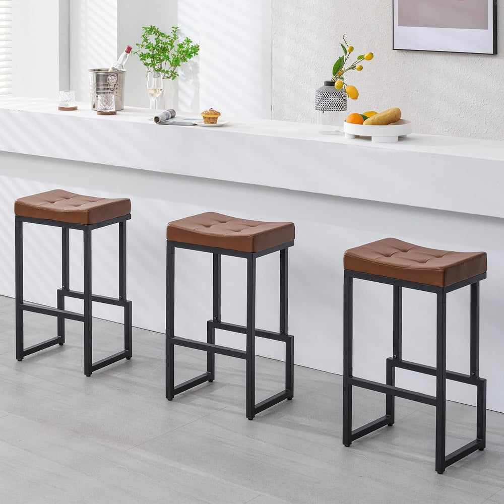 FIRAVOE 28" Bar Stools Set of 3, PU Leather Backless Saddle Bar Stools