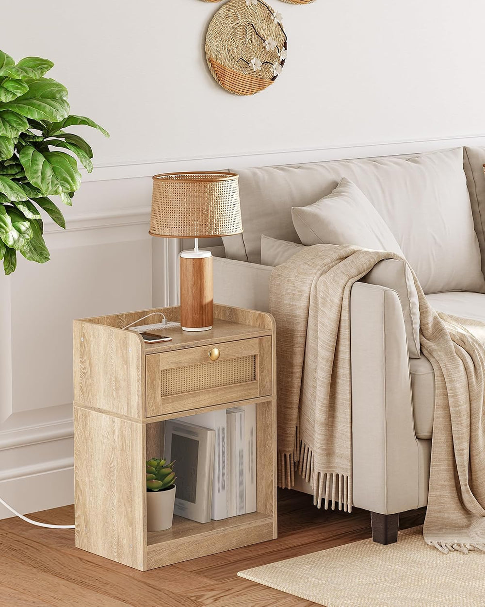 CHOEZON Nightstand with Charging Station, Side Table with Rattan-Style Drawer...