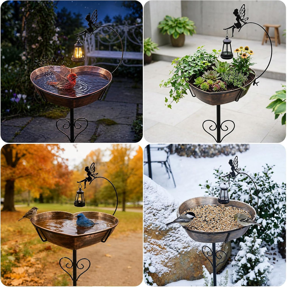 Goodeco Bird Bath with Solar Lantern - 3.2" Deep, 13.8" Removable Bowl