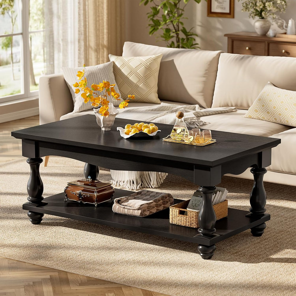 Besiost 47" Farmhouse Coffee Table with 2-Tier Storage, Black
