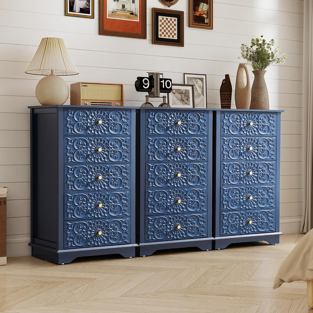 weselon 5 Drawer Dresser for Bedroom, Narrow Chest of Drawers with Floral Fro...