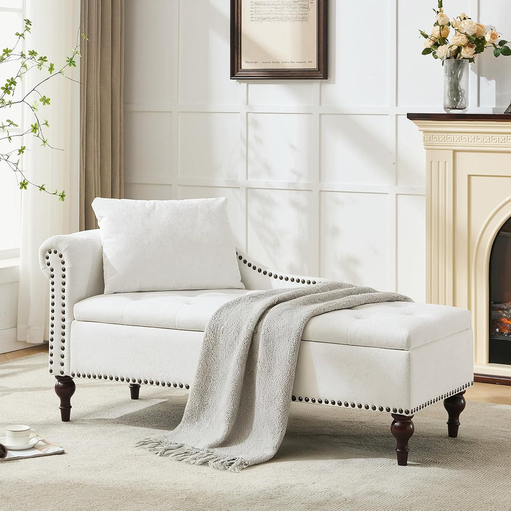 SOFTHION Velvet Chaise Lounge with Storage & Left Armrest, White