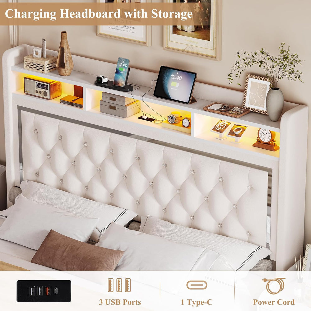 Keyluv Queen Velvet LED Bed Frame with 2 Drawers & Charging Station, Beige
