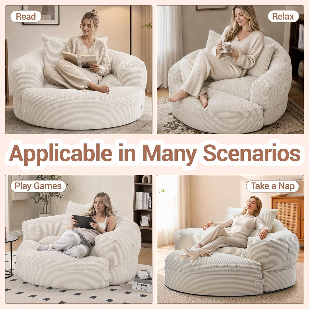 63''Round Chaise Lounge Chair with Footstool,Plush Seating(Beige)