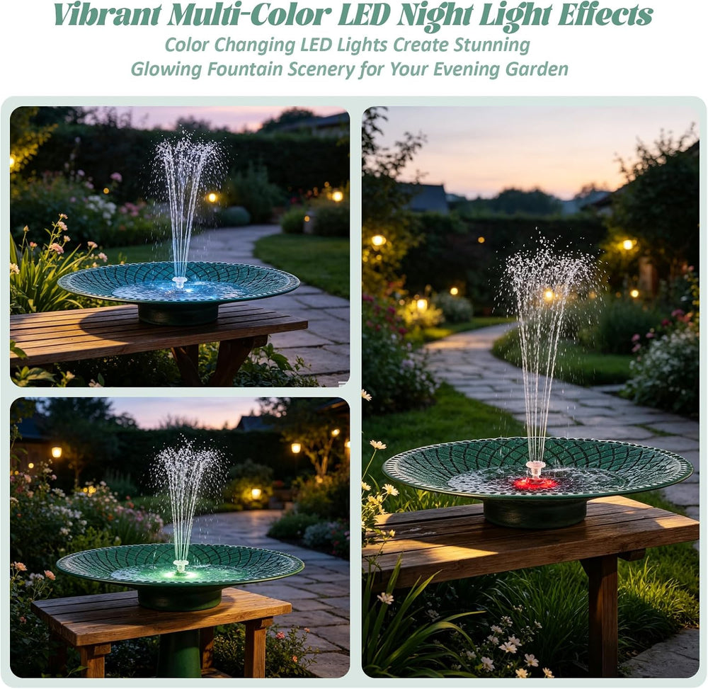19.6" Metal Bird Bath with Solar Fountain, LED & Battery Large Birdbath