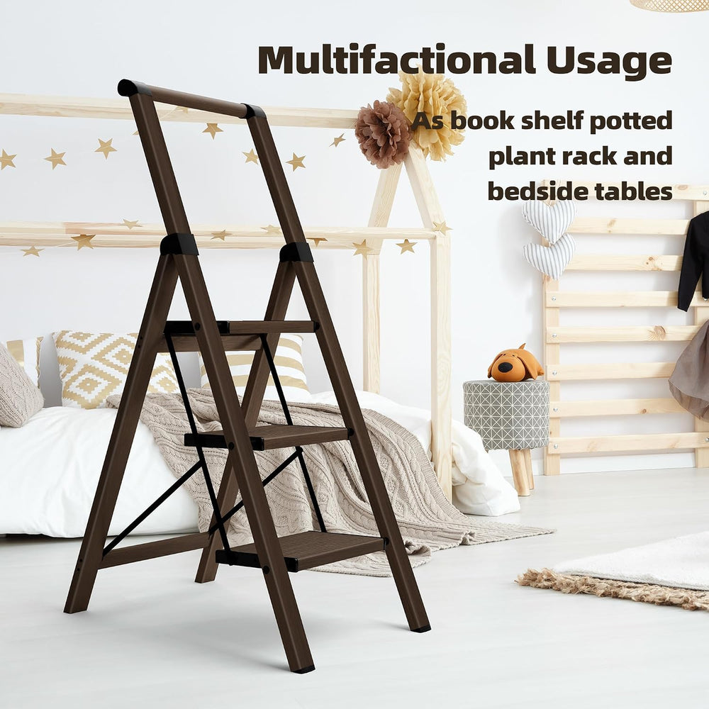 HillhutApex Aluminum 3 Step Ladder, Step Stool Foldable Ladder(Walnut)