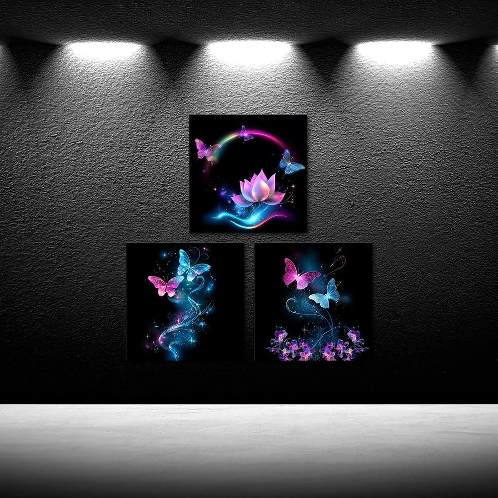 iKNOW FOTO Canvas Set of 3 Abstract Purple Butterfly Wall Art Flower Painting...