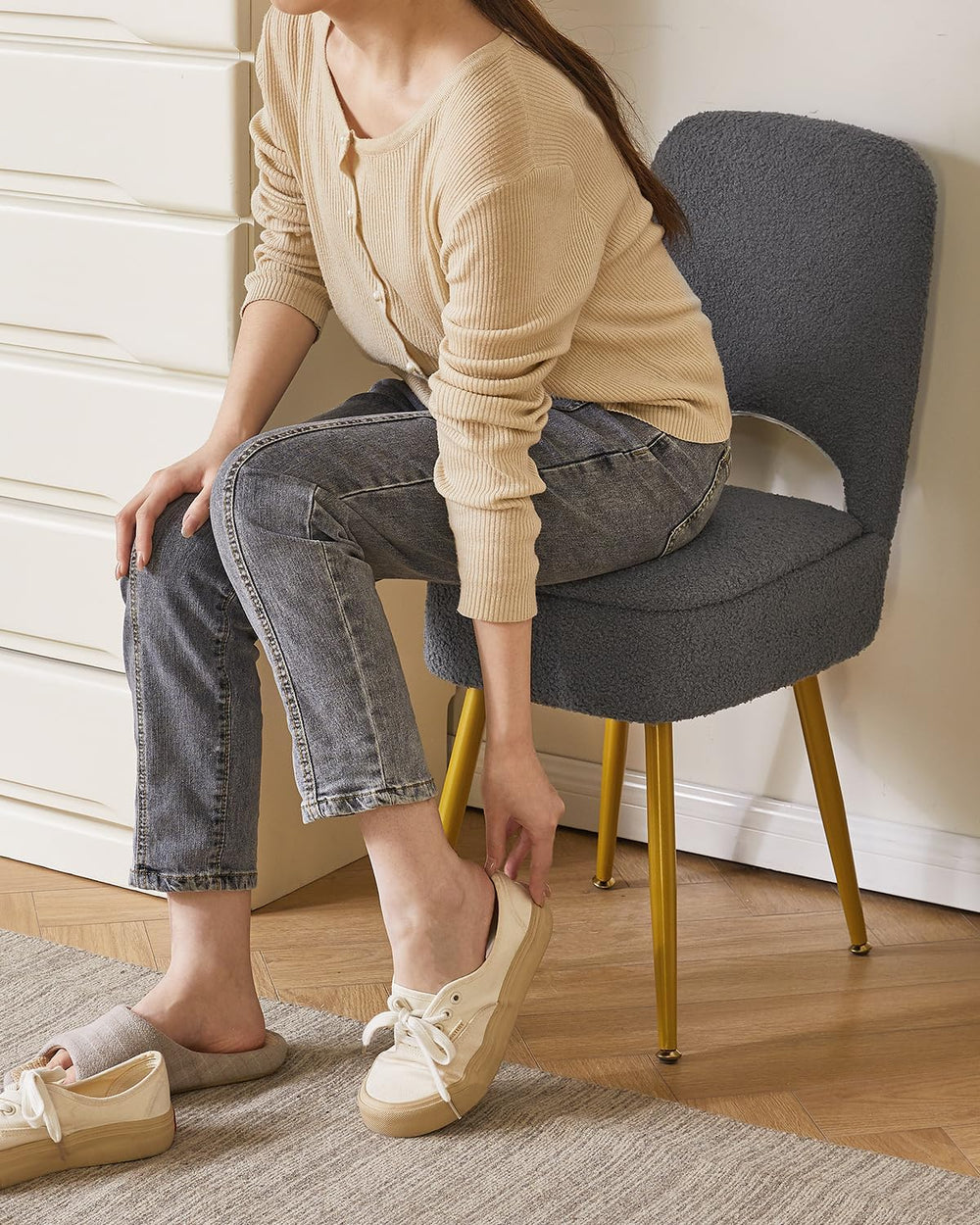IBUYKE Storage Vanity Stool Chair with Folding Backrest, Gray WBD027G