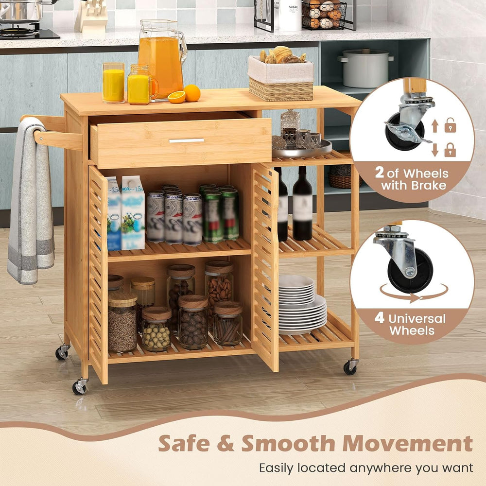 LOKO Mobile Bamboo Kitchen Island Cart, Rolling Storage Sideboard, Natural
