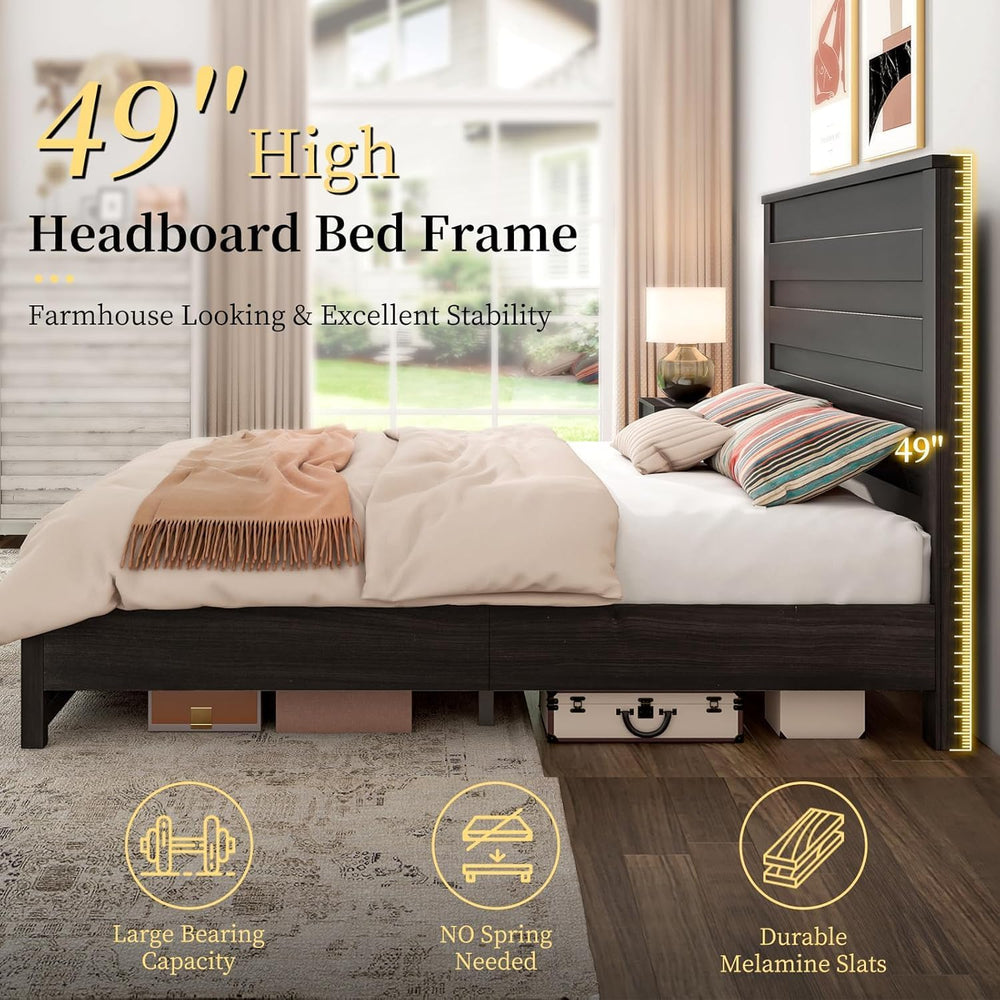 LUXOAK 3 Piece Slatted Bedroom Set Queen Bed Frame & 2 Nightstands, Black