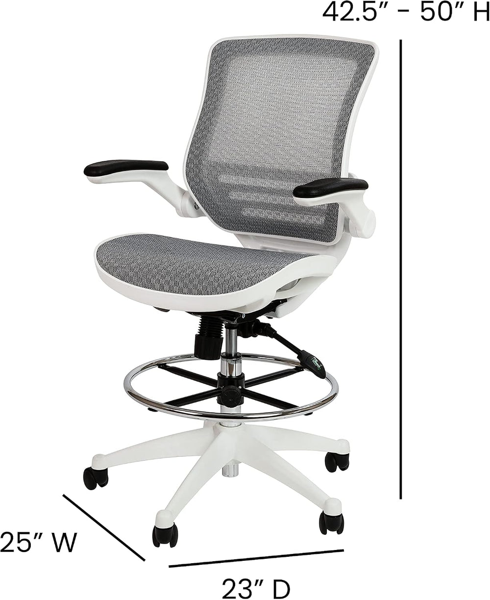 EMMA + OLIVER Gray Mid-Back Drafting Chair with Flip-Up Arms
