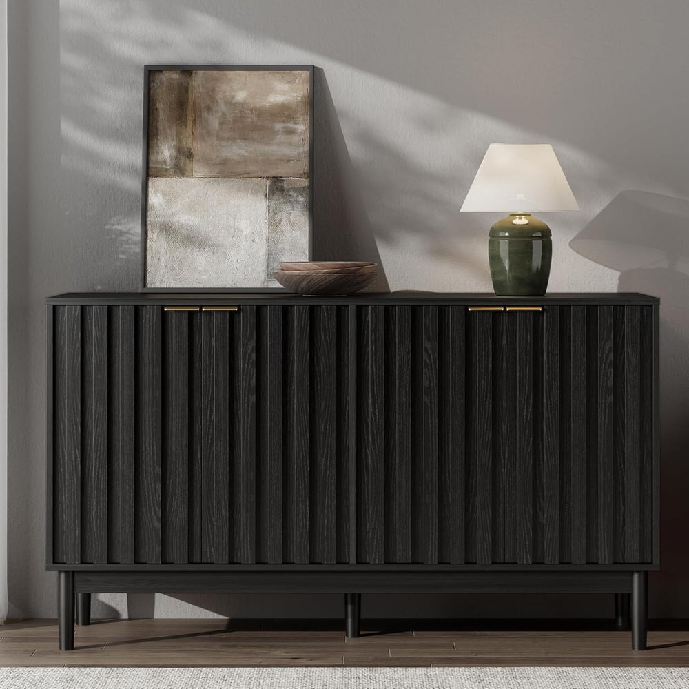 55" Fluted Buffet Cabinet with Storage, Accent Cabinet, Black